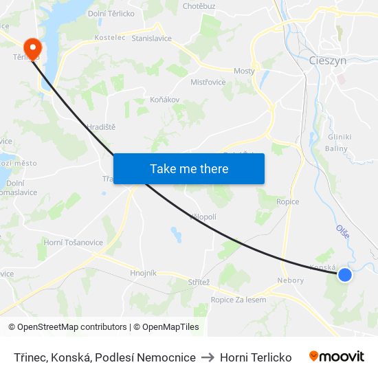 Třinec, Konská, Podlesí Nemocnice to Horni Terlicko map