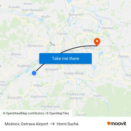Mošnov, Ostrava Airport to Horní Suchá map