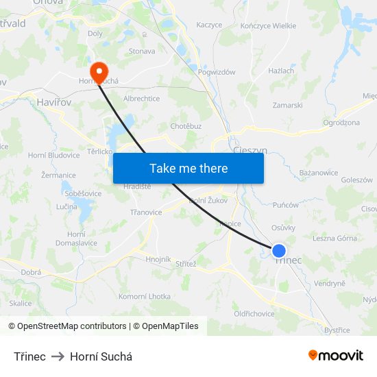 Třinec to Horní Suchá map