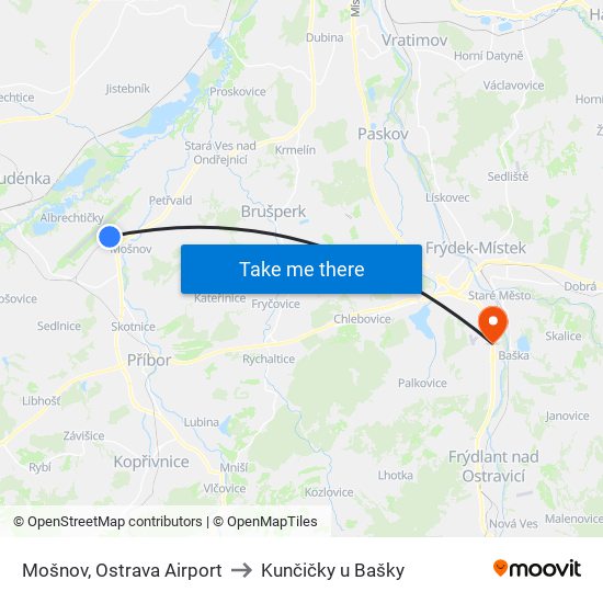 Mošnov, Ostrava Airport to Kunčičky u Bašky map