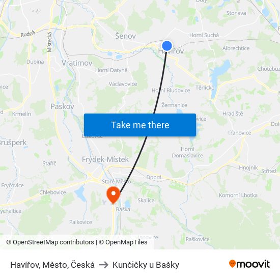 Havířov, Město, Česká to Kunčičky u Bašky map
