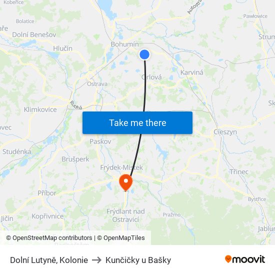 Dolní Lutyně, Kolonie to Kunčičky u Bašky map