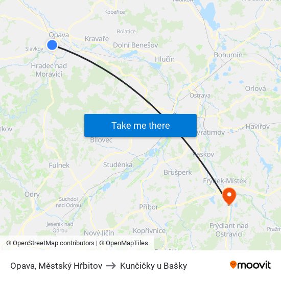 Opava, Městský Hřbitov to Kunčičky u Bašky map