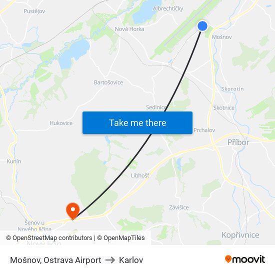 Mošnov, Ostrava Airport to Karlov map