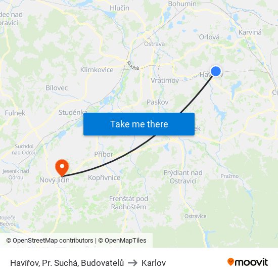 Havířov, Pr. Suchá, Budovatelů to Karlov map