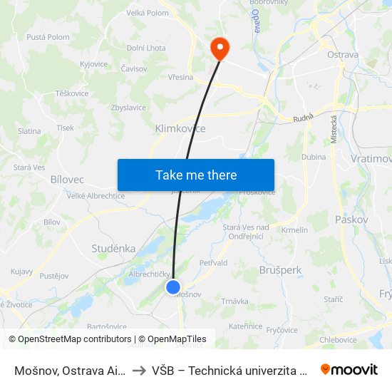 Mošnov, Ostrava Airport to VŠB – Technická univerzita Ostrava map