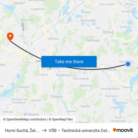 Horní Suchá, Žel. St. to VŠB – Technická univerzita Ostrava map