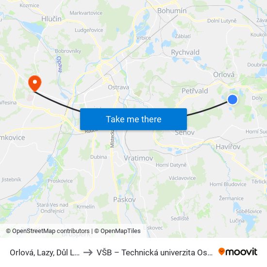 Orlová, Lazy, Důl Lazy to VŠB – Technická univerzita Ostrava map