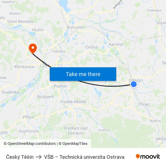 Český Těšín to VŠB – Technická univerzita Ostrava map
