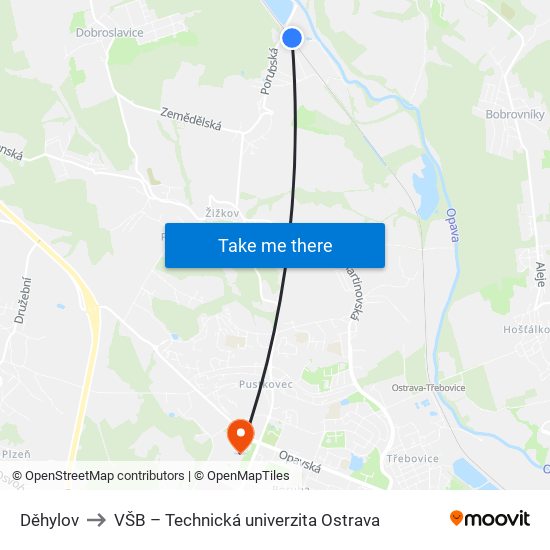 Děhylov to VŠB – Technická univerzita Ostrava map