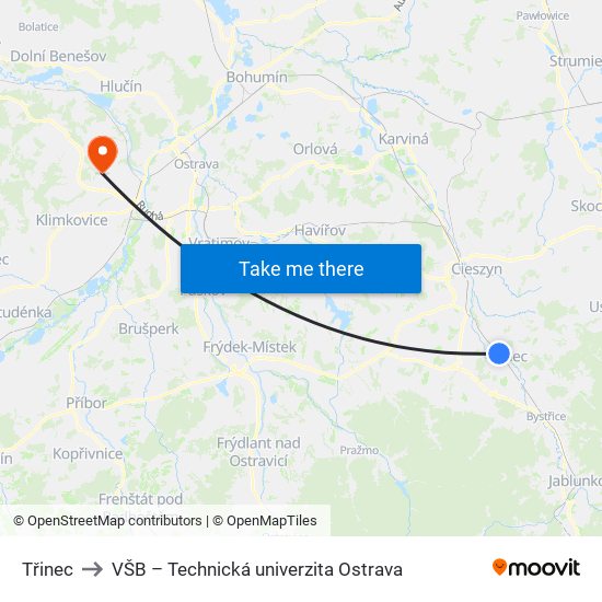 Třinec to VŠB – Technická univerzita Ostrava map