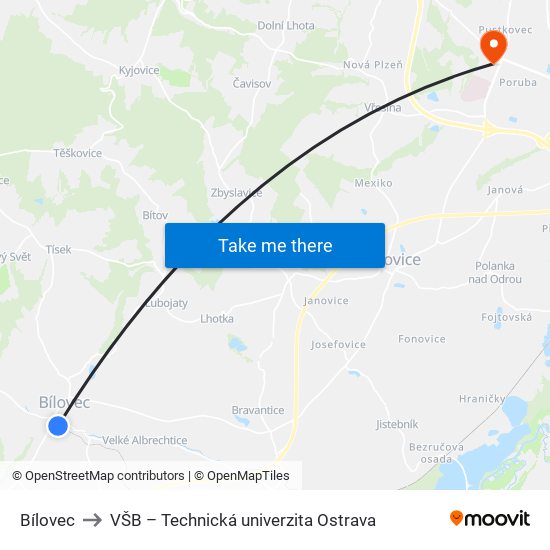 Bílovec to VŠB – Technická univerzita Ostrava map