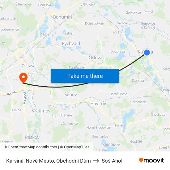 Karviná, Nové Město, Obchodní Dům to Soš Ahol map