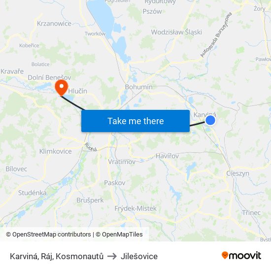 Karviná, Ráj, Kosmonautů to Jilešovice map