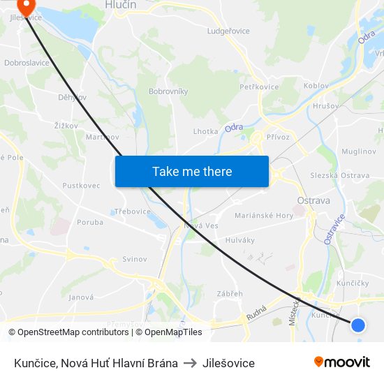 Kunčice, Nová Huť Hlavní Brána to Jilešovice map