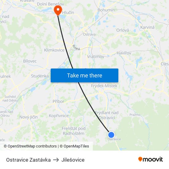 Ostravice Zastávka to Jilešovice map