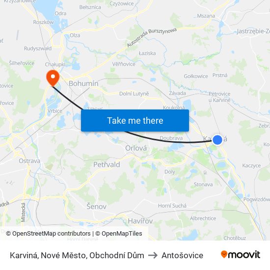 Karviná, Nové Město, Obchodní Dům to Antošovice map