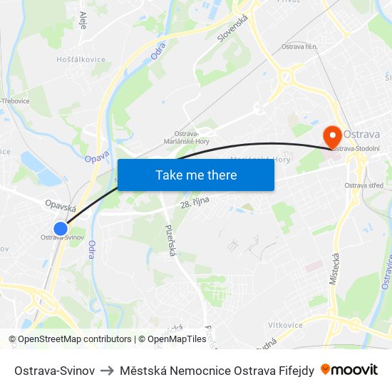 Ostrava-Svinov to Městská Nemocnice Ostrava Fifejdy map