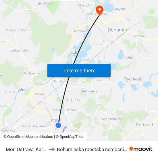 Mor. Ostrava, Karolina to Bohumínská městská nemocnice, a.s. map