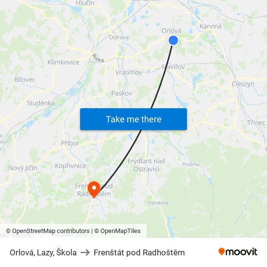 Orlová, Lazy, Škola to Frenštát pod Radhoštěm map