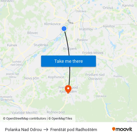 Polanka Nad Odrou to Frenštát pod Radhoštěm map