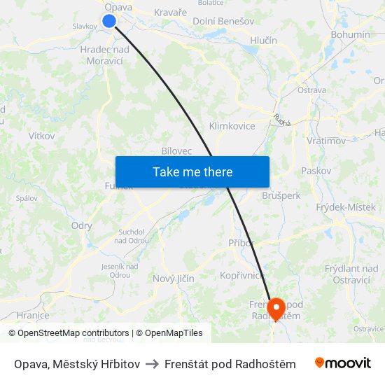 Opava, Městský Hřbitov to Frenštát pod Radhoštěm map