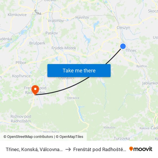 Třinec, Konská, Válcovna C to Frenštát pod Radhoštěm map