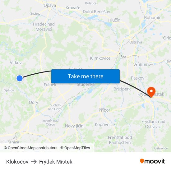 Klokočov to Frýdek Místek map