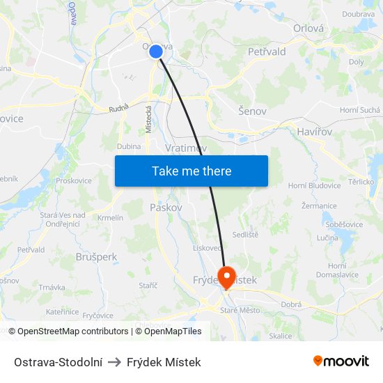 Ostrava-Stodolní to Frýdek Místek map