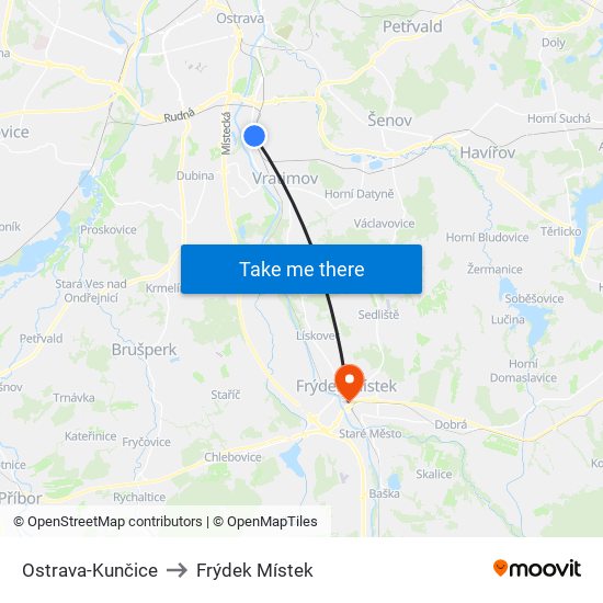 Ostrava-Kunčice to Frýdek Místek map