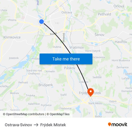 Ostrava-Svinov to Frýdek Místek map