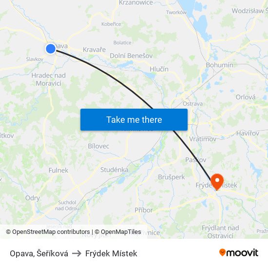 Opava, Šeříková to Frýdek Místek map