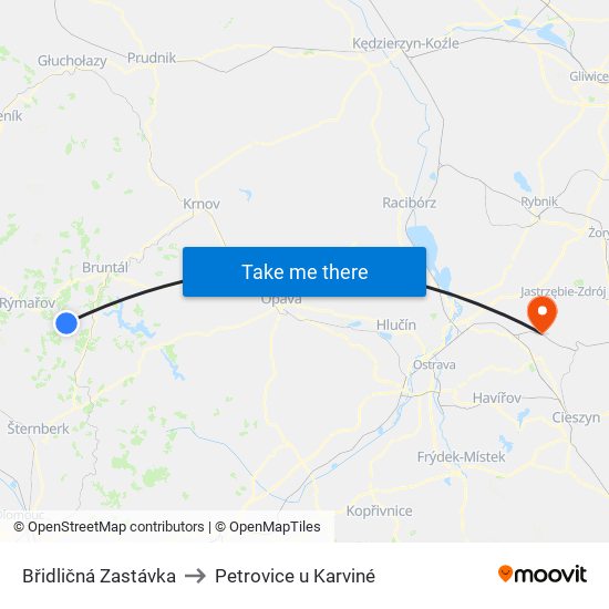 Břidličná Zastávka to Petrovice u Karviné map