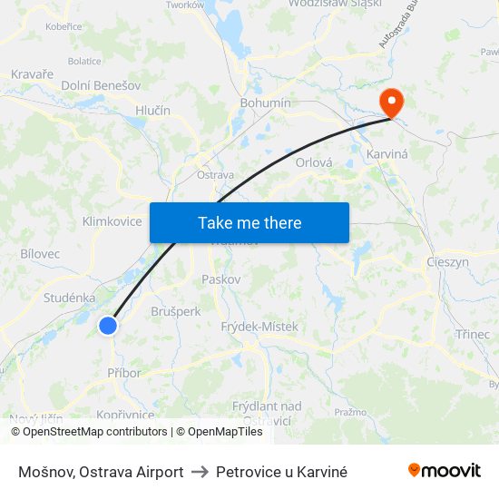 Mošnov, Ostrava Airport to Petrovice u Karviné map