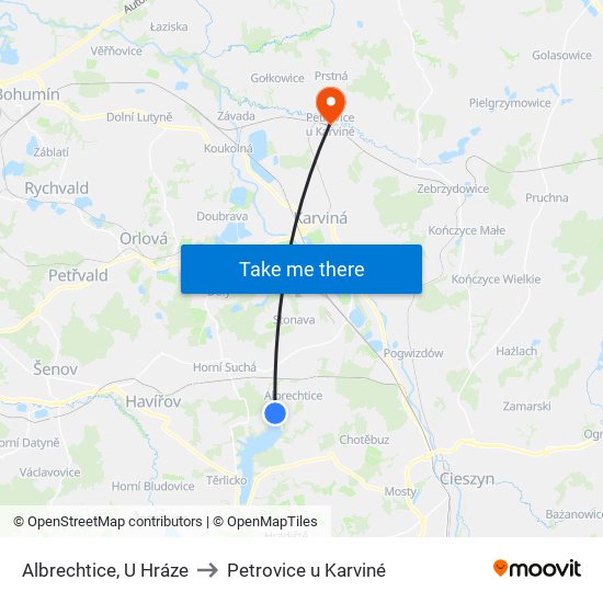 Albrechtice, U Hráze to Petrovice u Karviné map