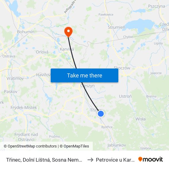 Třinec, Dolní Líštná, Sosna Nemocnice to Petrovice u Karviné map