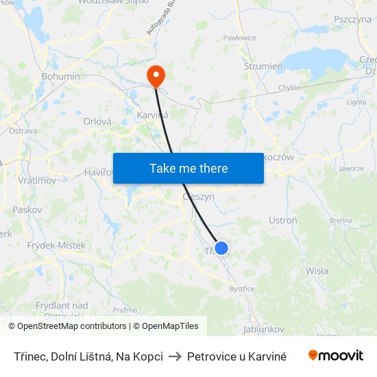 Třinec, Dolní Líštná, Na Kopci to Petrovice u Karviné map