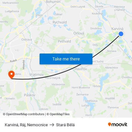 Karviná, Ráj, Nemocnice to Stará Bělá map