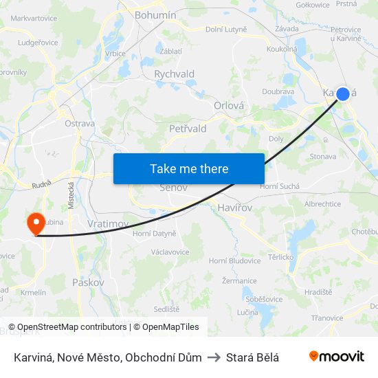 Karviná, Nové Město, Obchodní Dům to Stará Bělá map