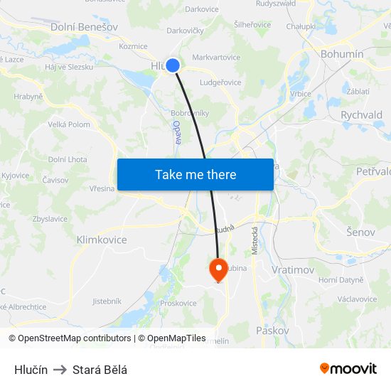 Hlučín to Stará Bělá map