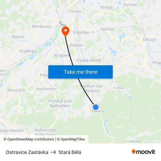 Ostravice Zastávka to Stará Bělá map