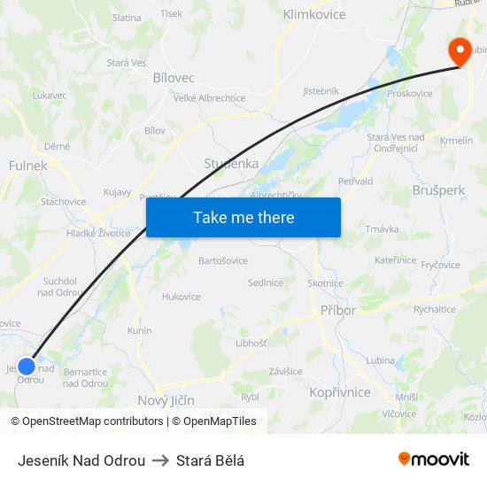 Jeseník Nad Odrou to Stará Bělá map