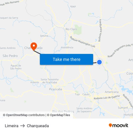 Limeira to Charqueada map