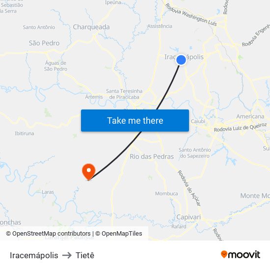 Iracemápolis to Tietê map