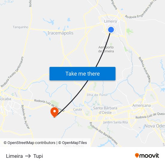 Limeira to Tupi map