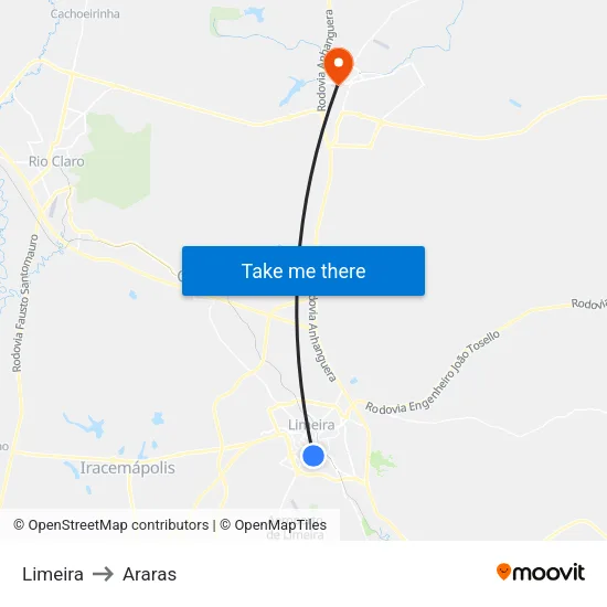 Limeira to Araras map