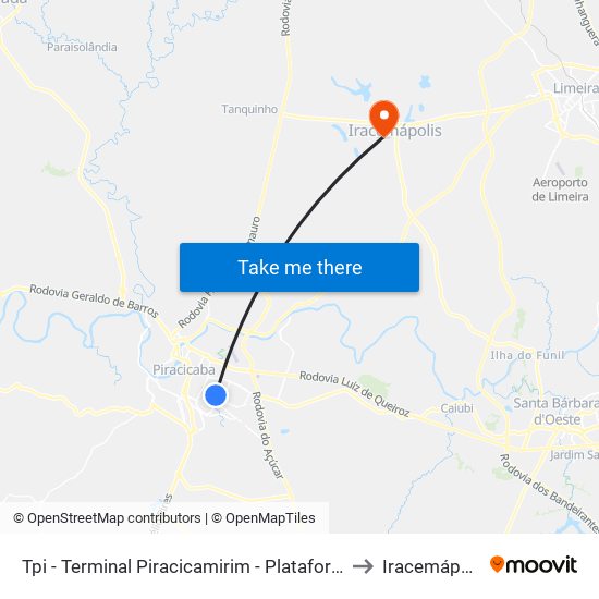 Tpi - Terminal Piracicamirim - Plataforma A to Iracemápolis map