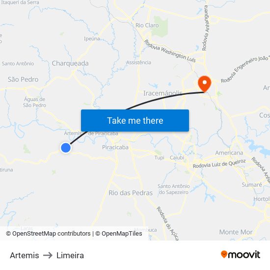 Artemis to Limeira map