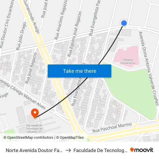 Norte Avenida Doutor Fabrício Vampré, 726 to Faculdade De Tecnologia Da Unicamp - Ft map