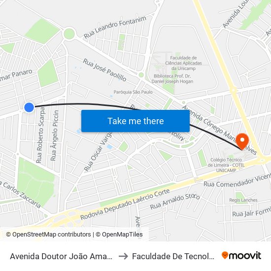 Avenida Doutor João Amaral Gama, 382 (Rapidão) to Faculdade De Tecnologia Da Unicamp - Ft map